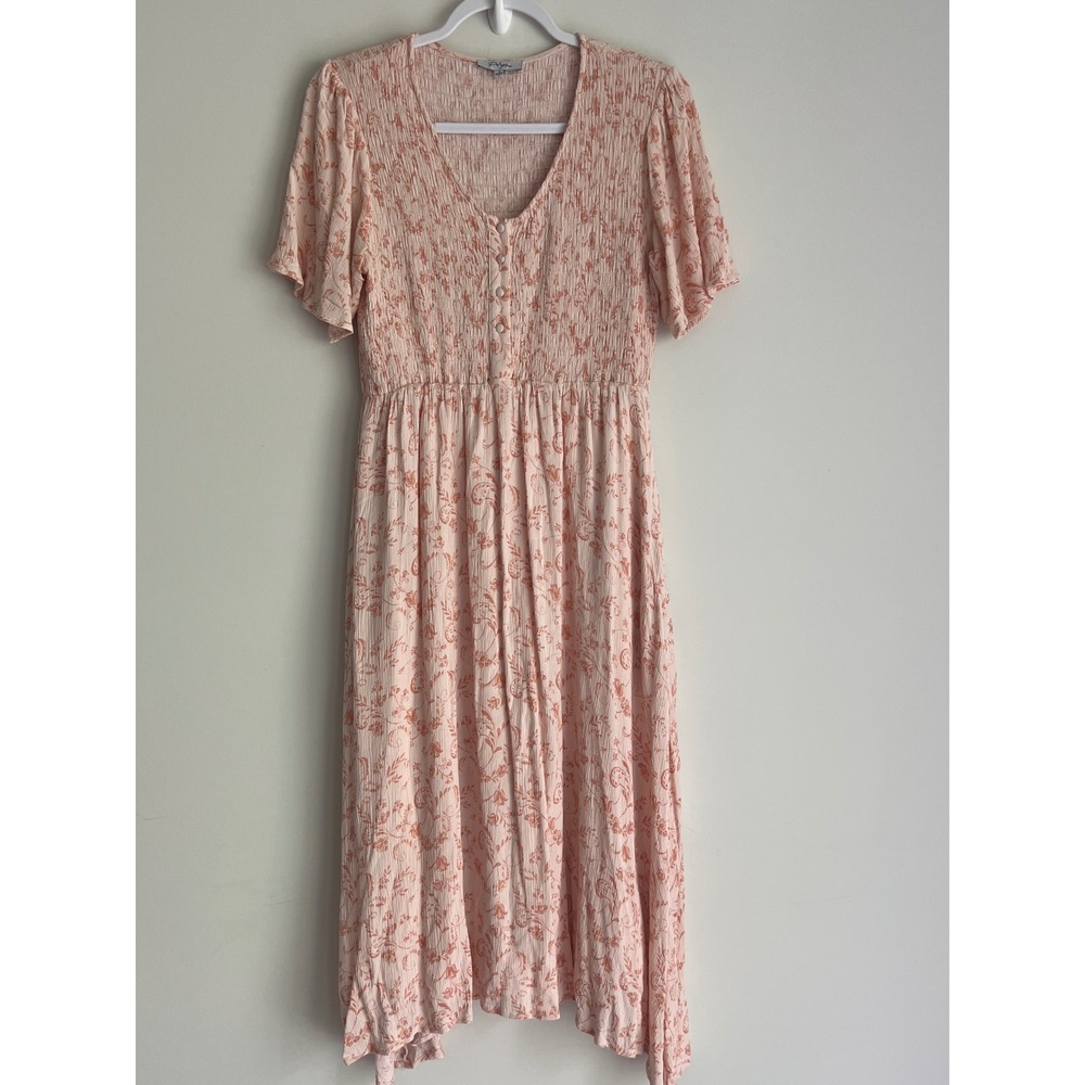 Polagram Pink Floral Smocked Midi Dress Short Flutter Sleeve V-Neck Pockets